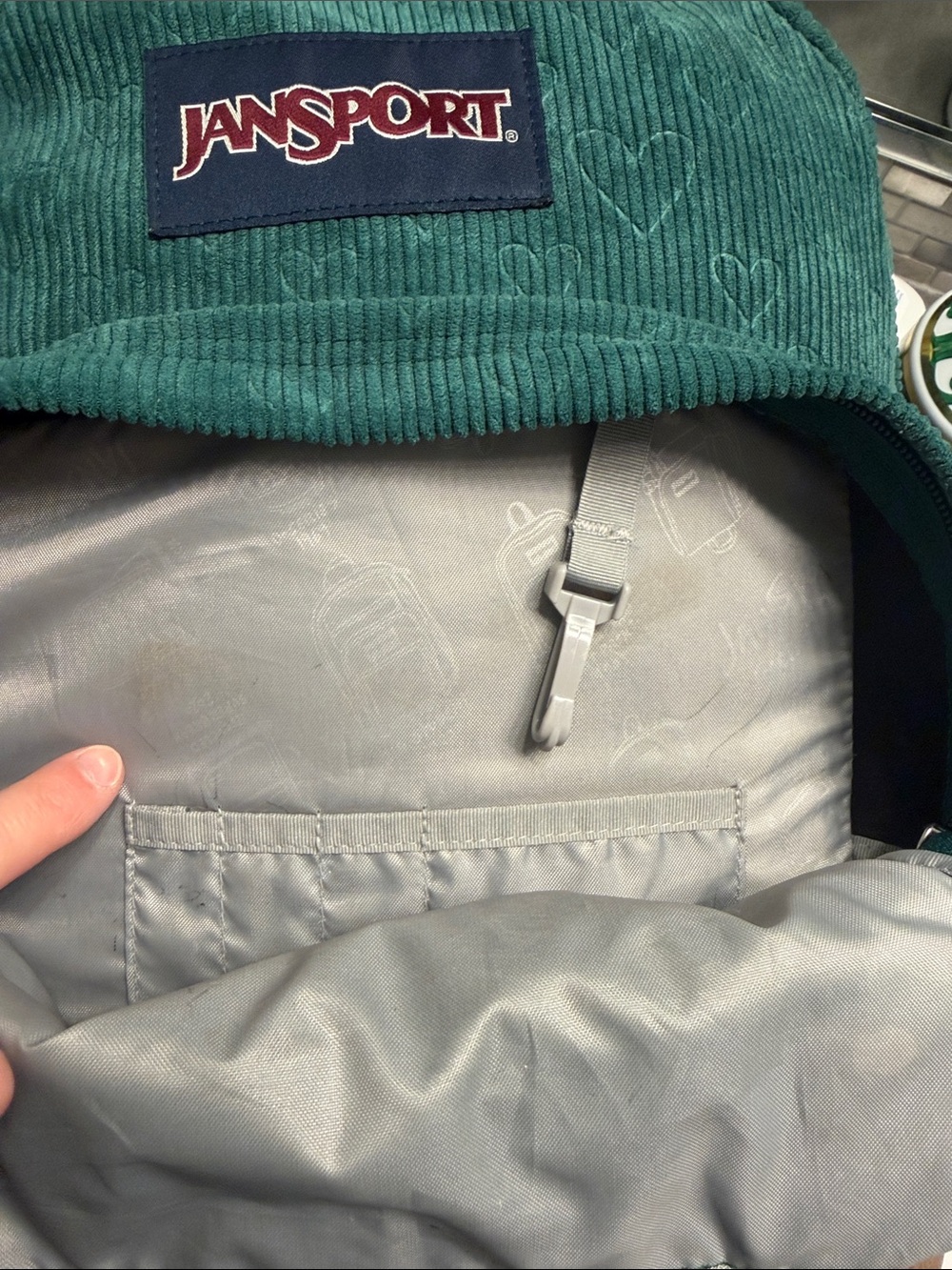 JANSPORT Teal Corduroy Heart-Embossed Backpack - Picture 8 of 13